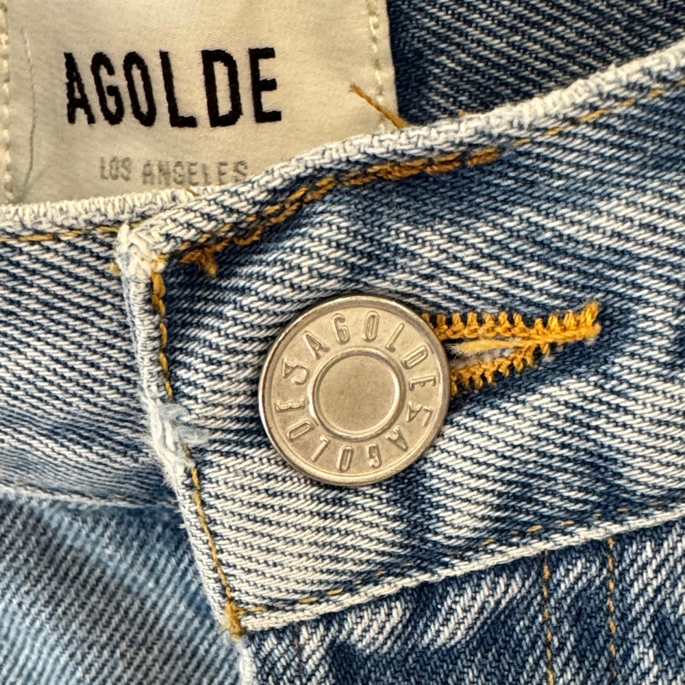 Agolde Light Blue Distressed High-Rise Denim Shorts - Picture 3 of 8